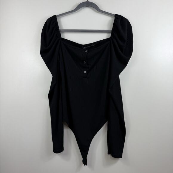 PrettyLittleThing New Black Ribbed Long Puff Sleeve Bodysuit US 8 Square Neck - Picture 15 of 15